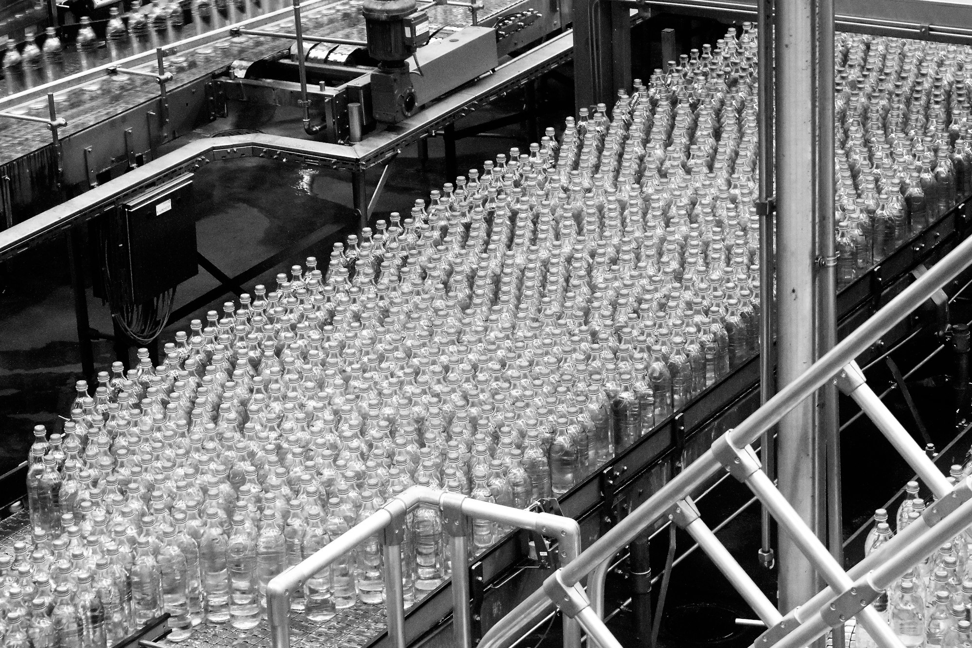 Glass bottles on a bottling line, viewed from above